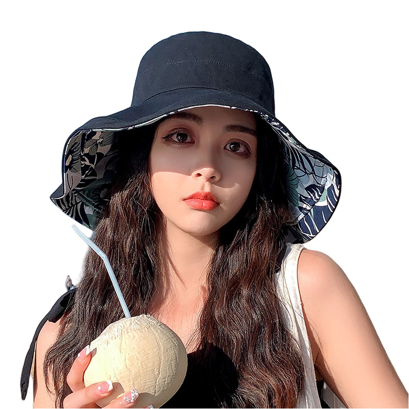 Women's Double-Sided Korean Style Printed Bucket Hat Versatile Outdoor Fashion Wide Brim Face-Covering Sun Hat Spring Summer