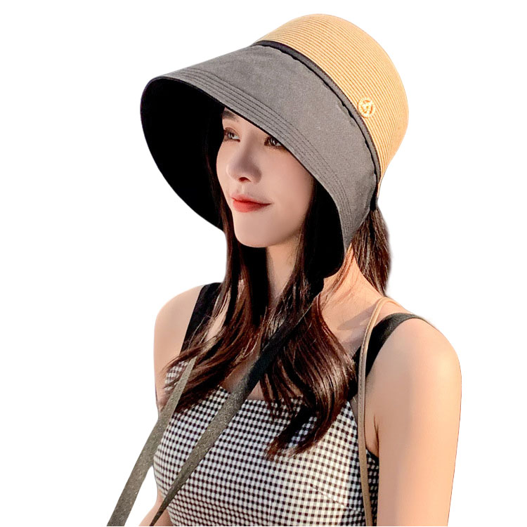 Women's Summer Trendy All-Match Sun Bucket Hat Anti-Ultraviolet Face Cover Contrast Color Straw Sun Hat for Fishermen