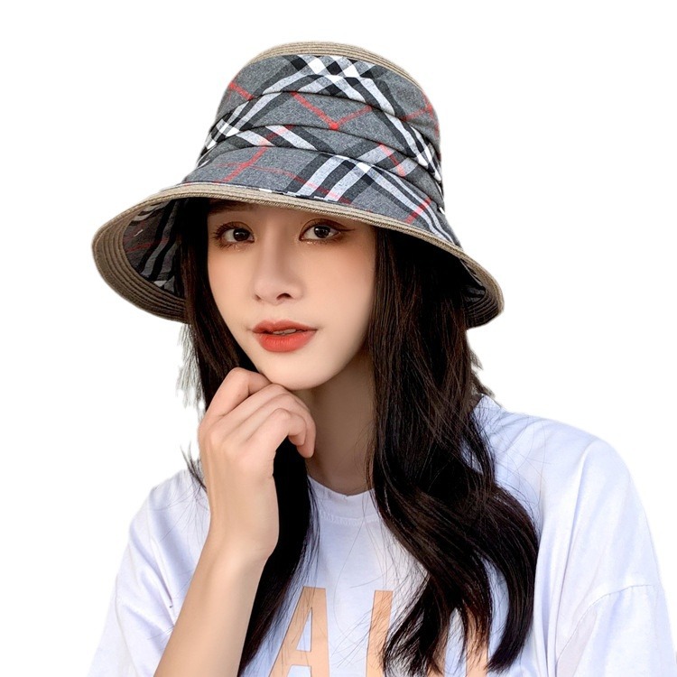 Women's Summer Fisherman Hat Trendy Foldable Plaid Bucket Hat with Sun Protection for Preventing Sunlight and Face Covering