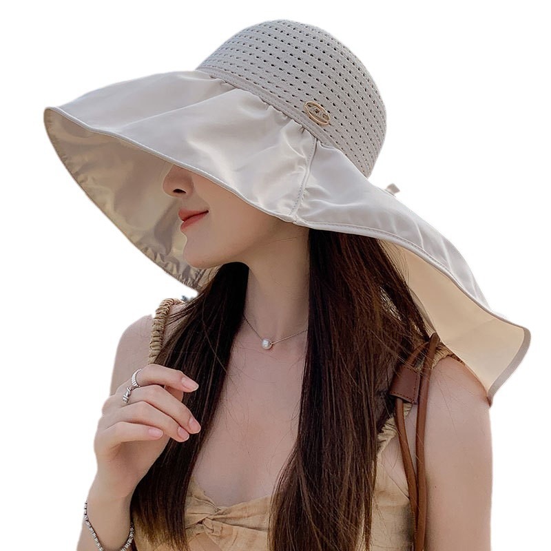 Women's Large Brim Black Plastic Sunscreen Windproof Cape Hat Hollow Fashion Outdoor Leisure Beach Hat Sun Protection Makes Face