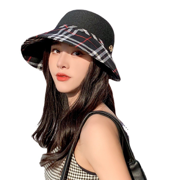 Women's Summer Foldable Plaid Bucket Hat Fisherman Style Trendy Sun Protection Face Covering Lightweight and Stylish
