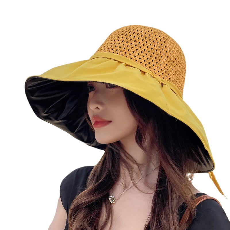 Women's Summer Outdoor Large Brim Anti-Ultraviolet Fisherman Hat Beach Hollow Breathable Bucket Shawl Sun Hat