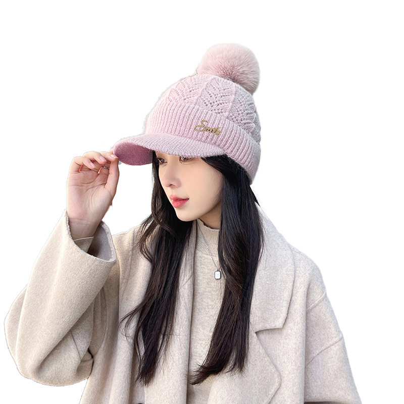 Knitted hat for women in autumn and winter, Korean style, plush, warm, ear-protecting, wool ball baseball cap, solid color, new wool short brim hat