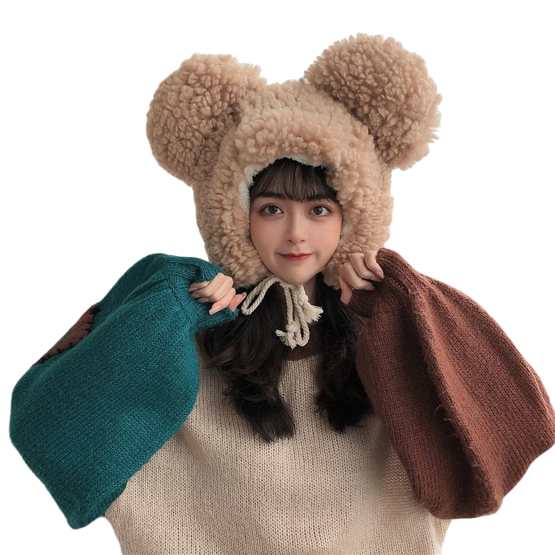 Women's Korean style autumn and winter thick warm ear protection cap with lamb plush bear big ears