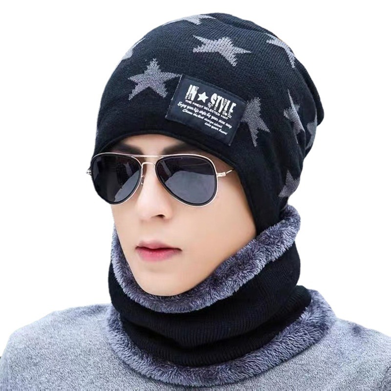 Winter plus velvet cold-proof warm knitted wool hat for men and women cycling ear protection star scarf hat