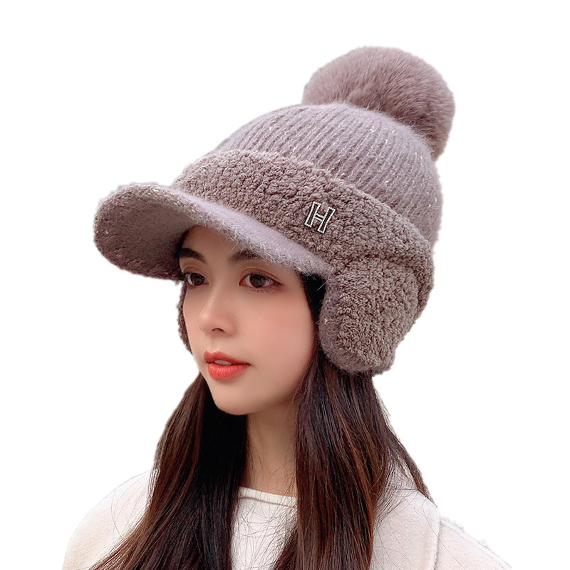 Women's winter knitted scarf pullover hat with velvet and thick warm windproof hat knitted earmuffs cycling wool hat