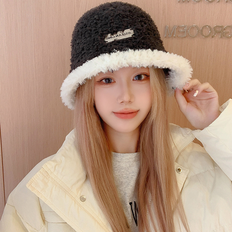 New autumn and winter plush face-revealing small warm ladies bucket hat outdoor leisure fashion matching color basin hat