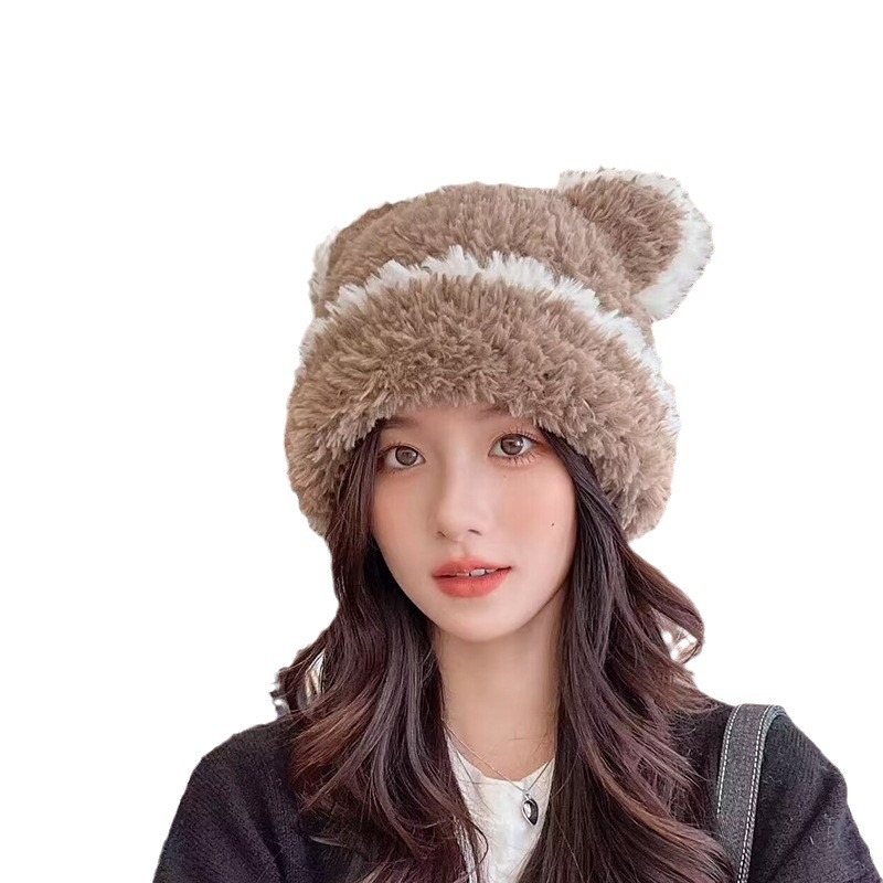 Knitted hat for women winter warm plush hat with velvet and ear protection loose wool hat