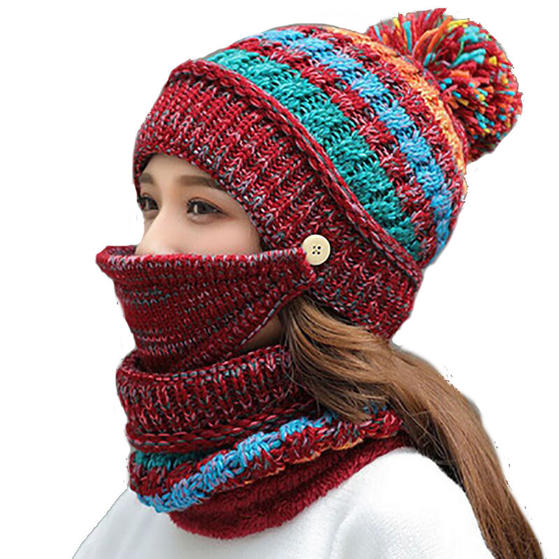 Plus velvet scarf one-piece hat for women colorful knitted earmuffs winter female students cycling cold-proof integrated duckbill hat