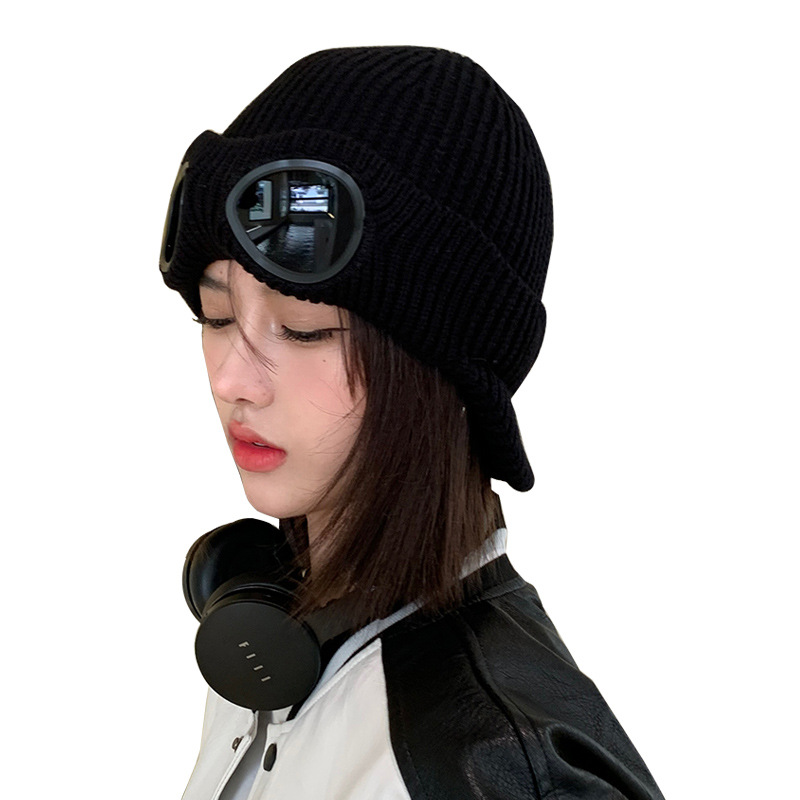 New autumn and winter pilot glasses earmuffs plus velvet warm wool hat women's Korean style knitted hat mask