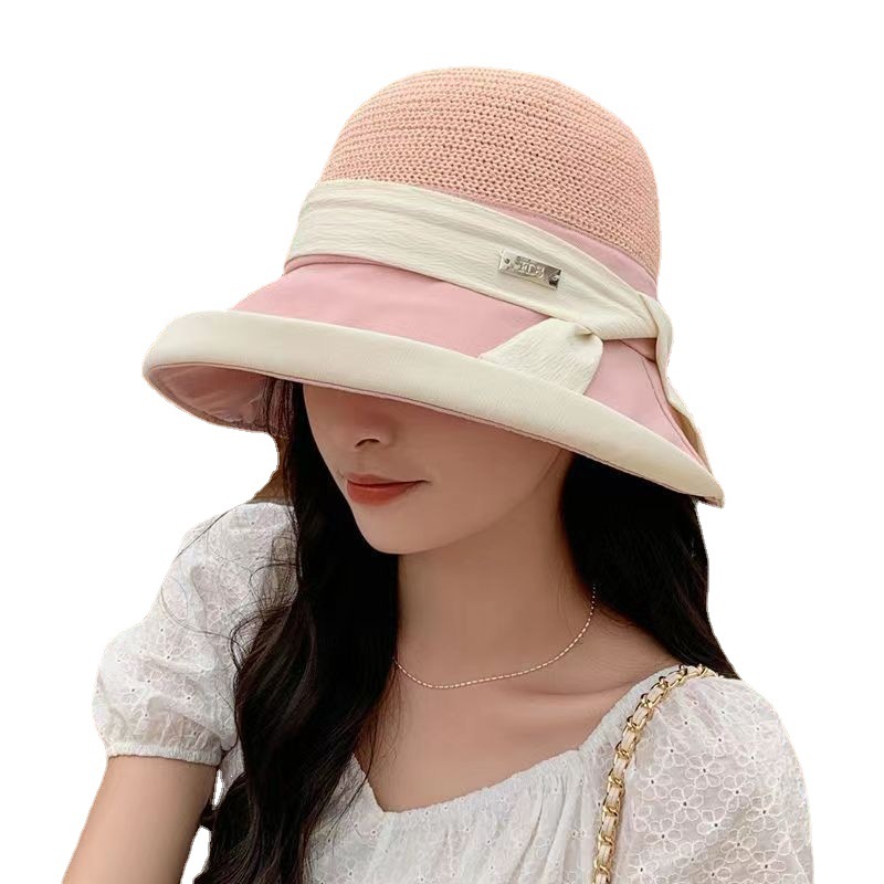 Stylish new summer women's bucket hat with rolled brim, sunshade, UV protection, versatile outdoor style.
