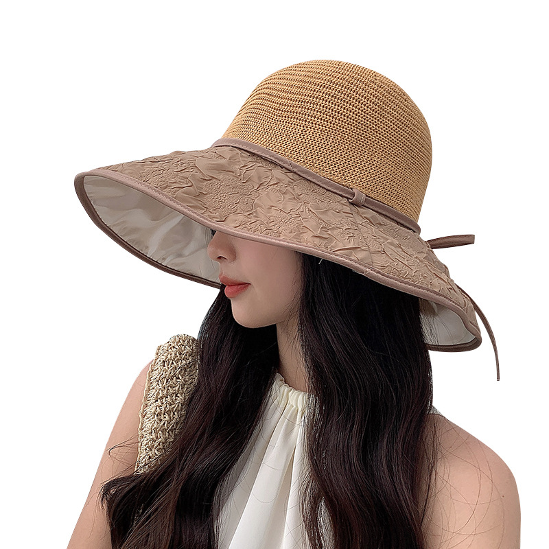 Summer black vinyl sun hat for women, UV protection, wide brim, sun hat, face covering, fisherman hat, sun protection straw hat.