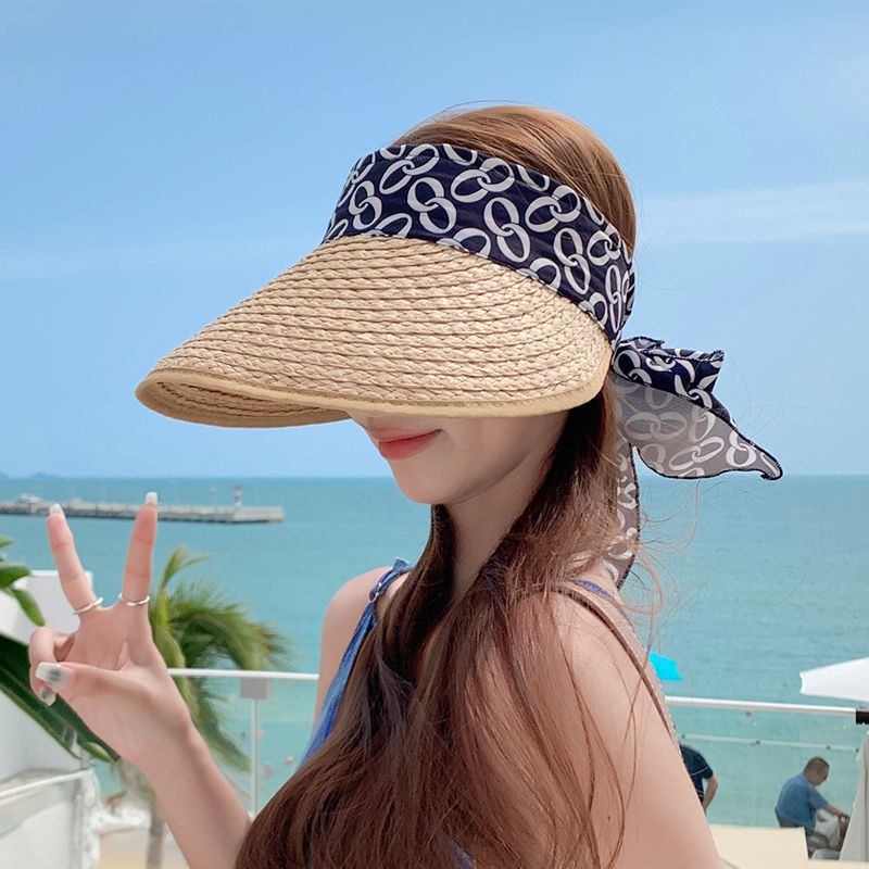 Straw Hat for Women, Summer, Wide-brimmed, Beach Sun Protection Hat, Fashionable Bow Ribbon Open Top Hat