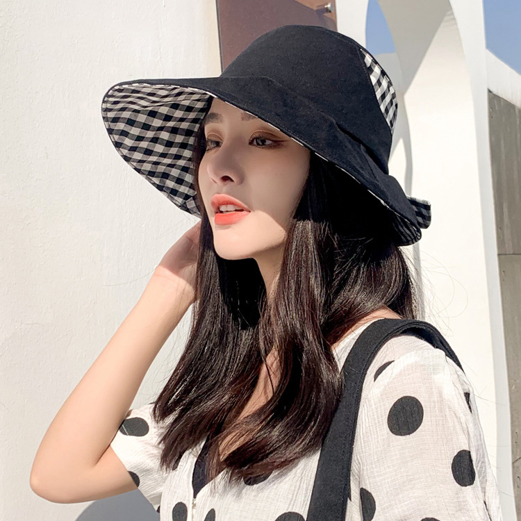 Women's Spring/Summer Sunshade Bucket Hat, Plaid Korean Style, Bow Tie, Wide Brim Bucket Hat, Trendy