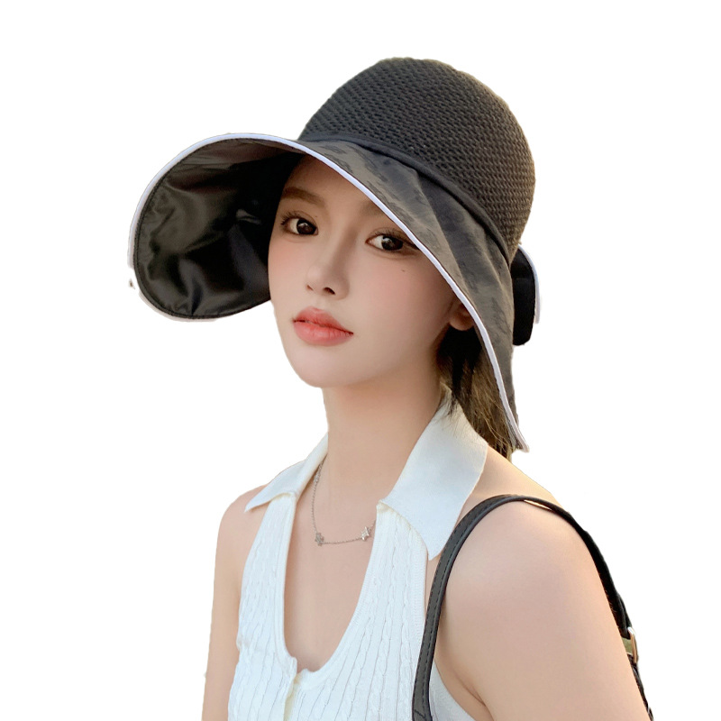 New summer knitted breathable fabric hat for women, sunshade and sun protection fisherman hat with bow, wallet-shaped cap