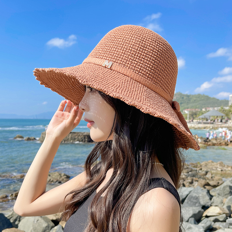 New knitted summer women's wide-brimmed beach hat, outdoor sun protection, travel bow bucket hat, fisherman hat