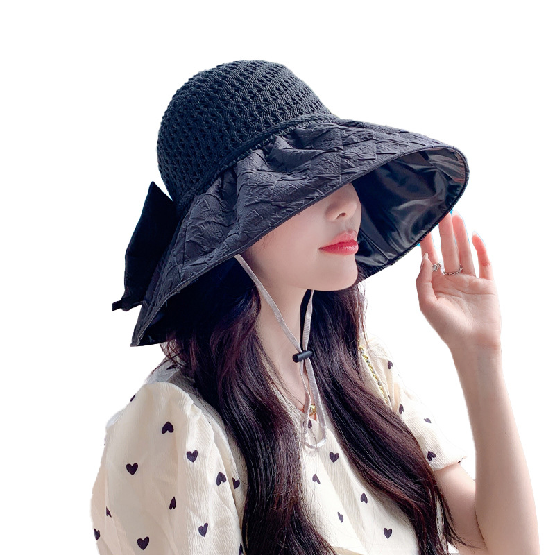New style black vinyl bow sun hat for women, hollow straw hat, UV protection, wide brim, face covering, sun protection, fisherman hat