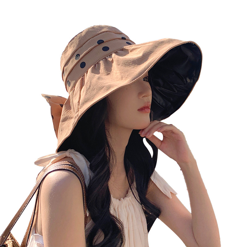 Women's summer Korean style fisherman hat, fashionable casual sun protection hat, wide brim, black vinyl sun hat with bow.