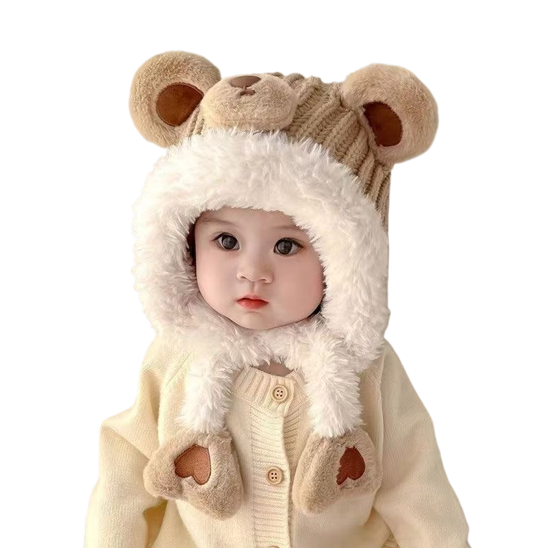 Cute cartoon baby hats for autumn and winter, windproof wool hats for boys and girls, thickened and fleece-lined.