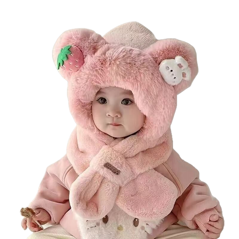Women's winter plush hat with cute bear ears, plush scarf and face mask, warm and cozy.