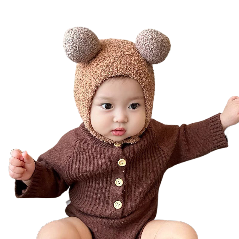 New autumn/winter baby earmuff hat, warm and cold-proof hat, comfortable baby double-ball soft and cuddly head covering hat, trendy