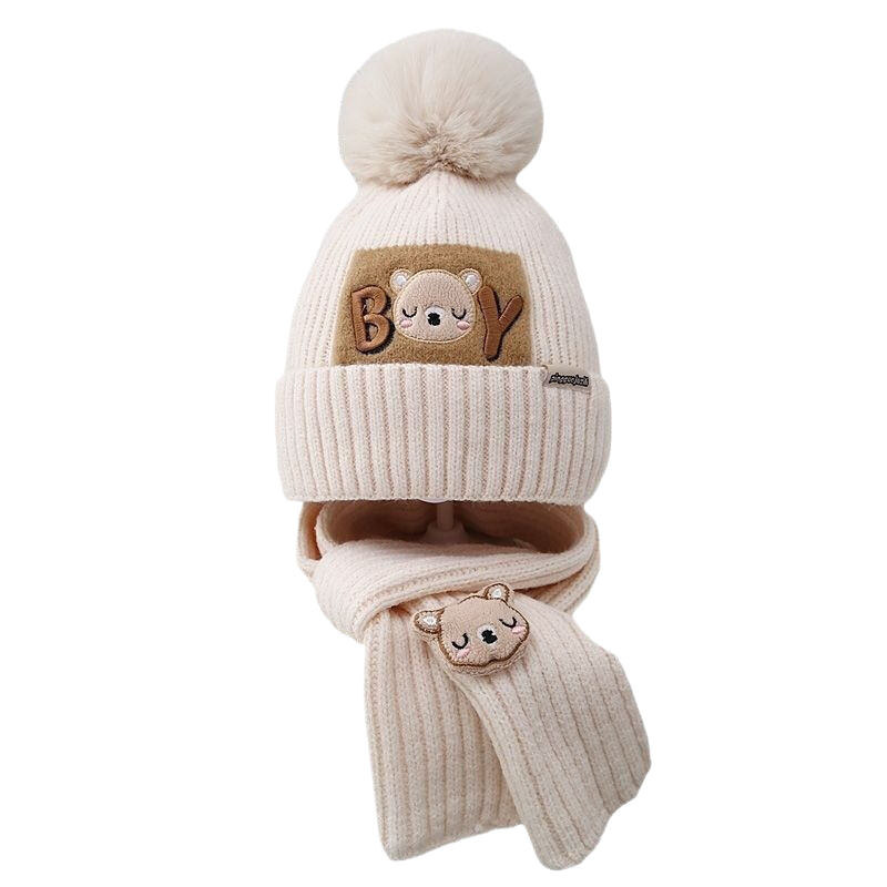 Autumn and winter children's hats, boys' bear woolen hats, girls' knitted cotton-padded warm baby hats and scarves two-piece sets