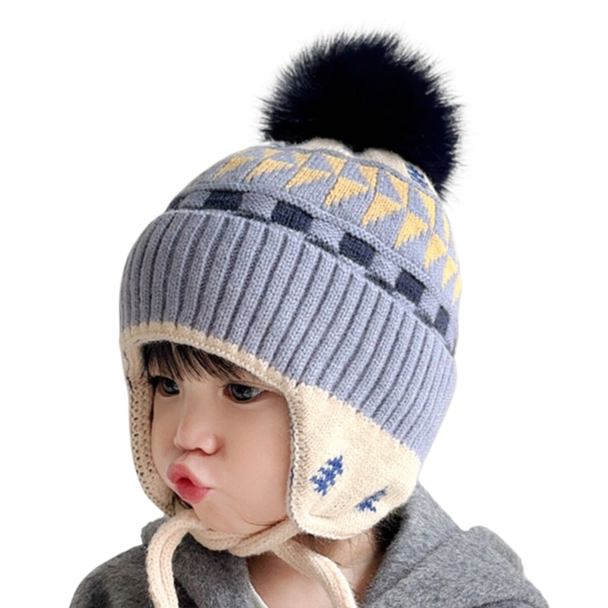 Korean style, trendy autumn/winter new baby earmuff hat, warm and cold-proof hat, comfortable baby double-ball soft and cozy head covering hat.