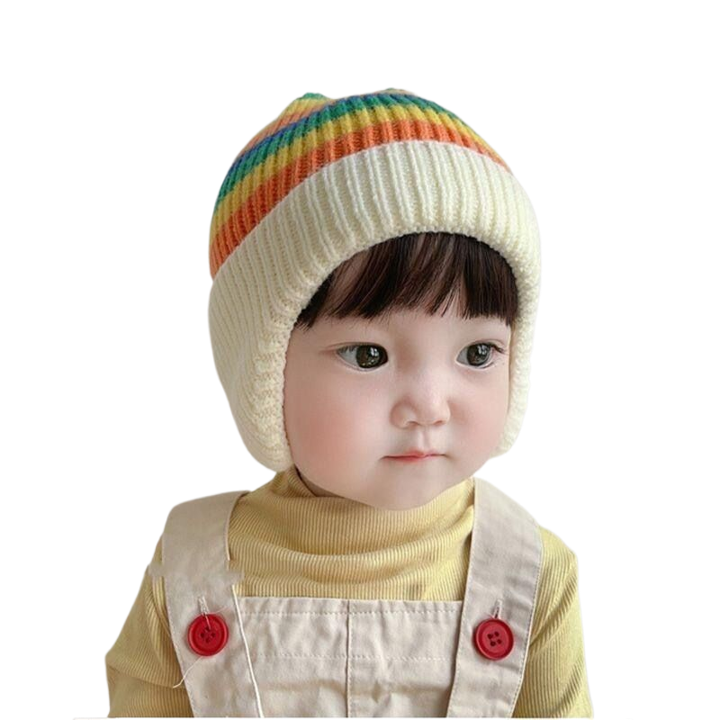 New autumn/winter rainbow hat for children, ear flaps, head covering, woolen hat, warm and cold-proof, knitted hat for boys and girls, baby.