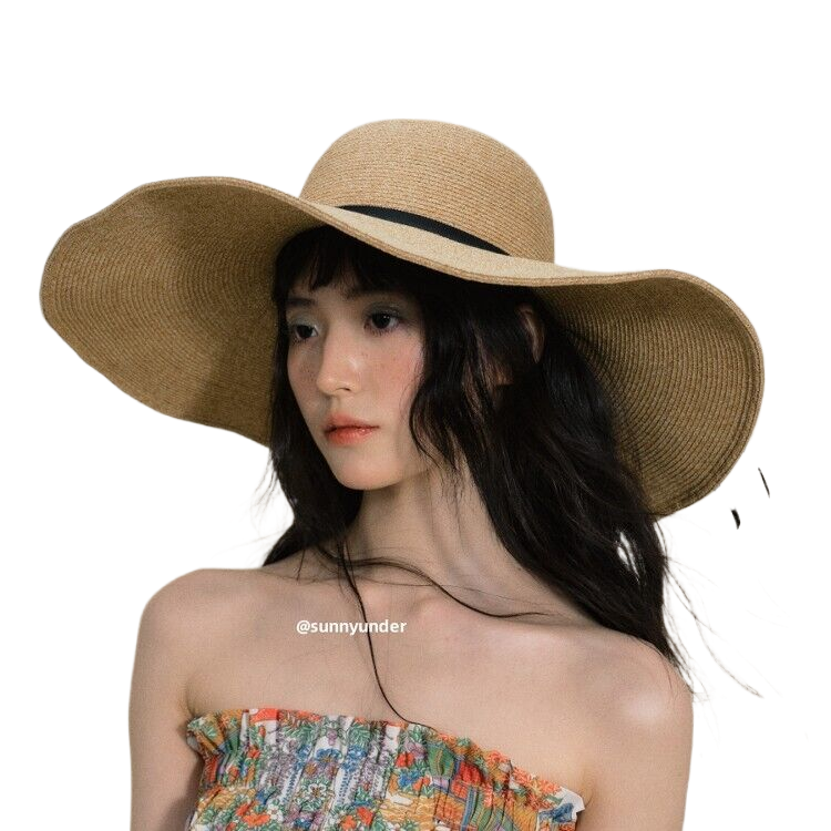 Foldable wide-brimmed Japanese straw hat for women, summer fashion, beach sun hat, vacation sun hat.