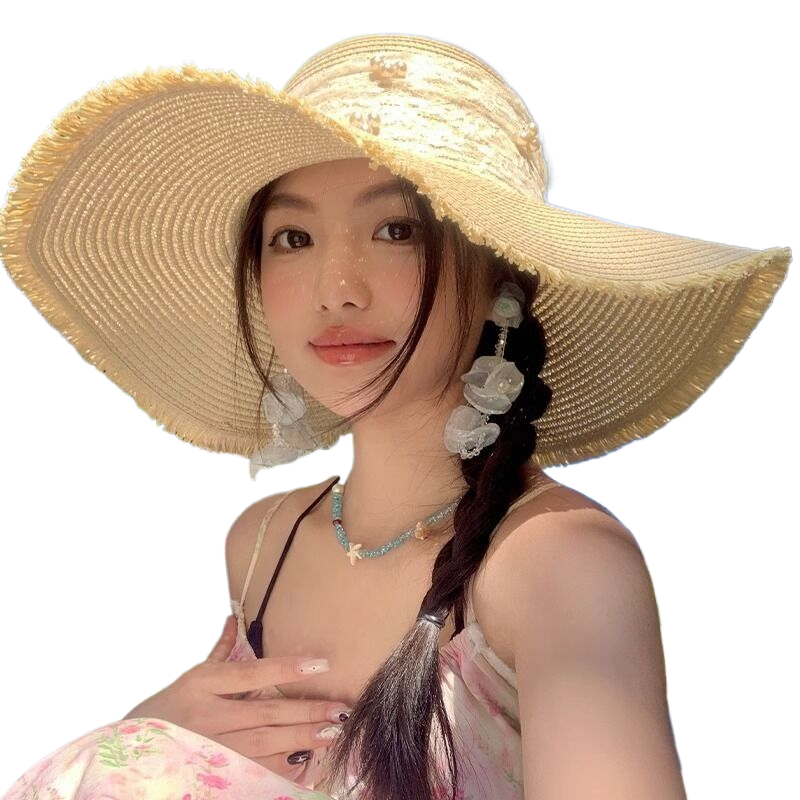 Raffia straw hat, vacation style, straw woven sun hat, spring and summer, wide brim, beach hat, outdoor sun protection hat for women.