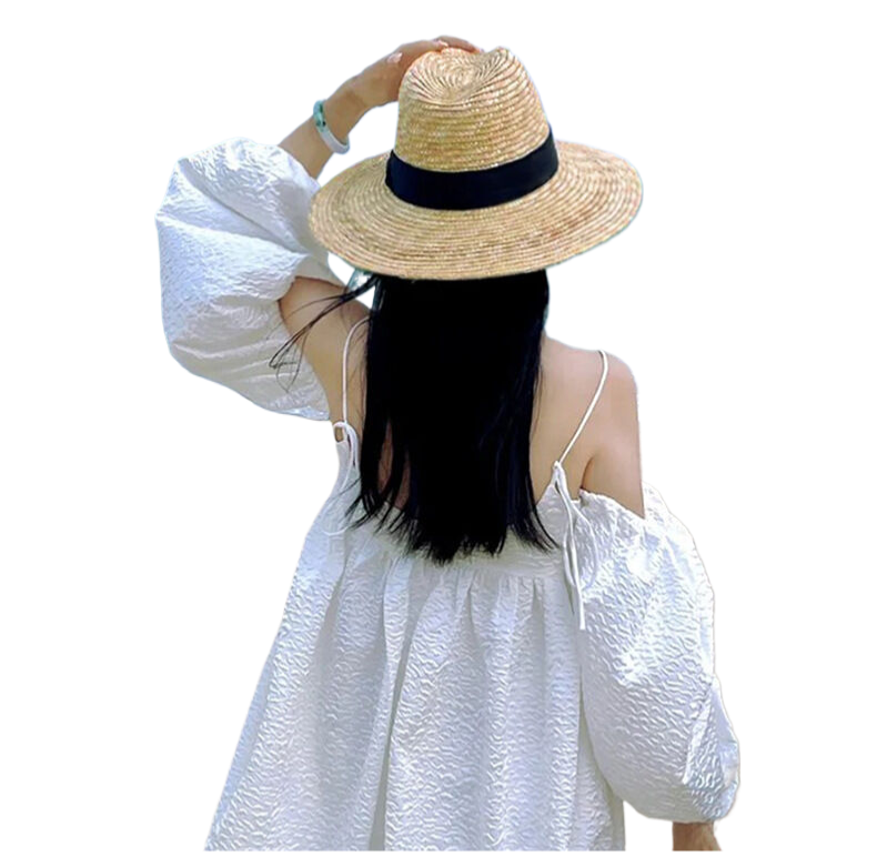 Women's summer flat-top straw hat, casual vacation beach hat, straw sun protection hat, British style hat.