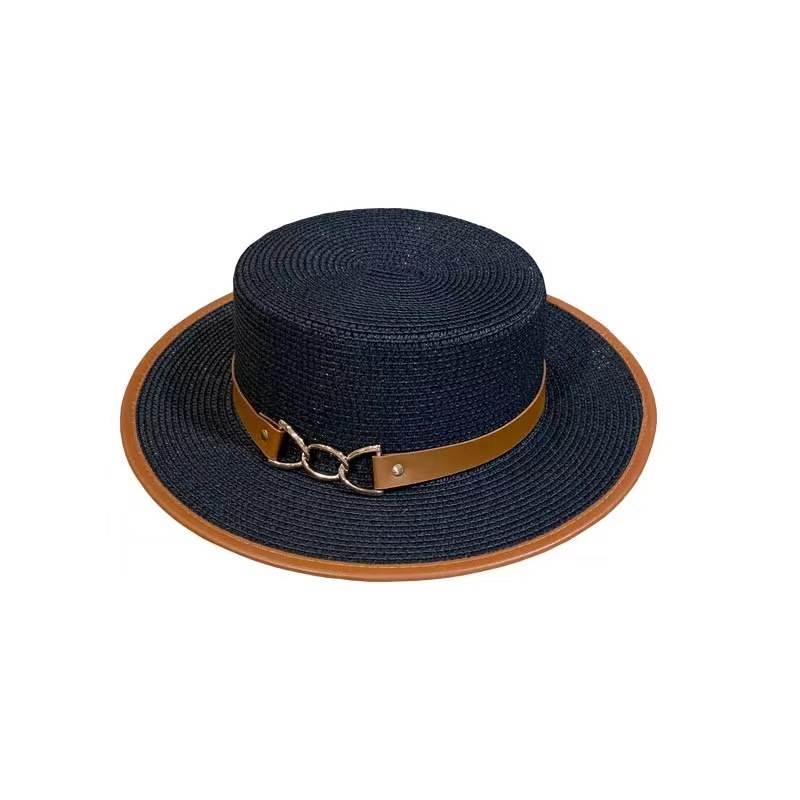 Women's summer fashion leather straw hat flat top hat European and American style beach hat for sun protection and sunshade