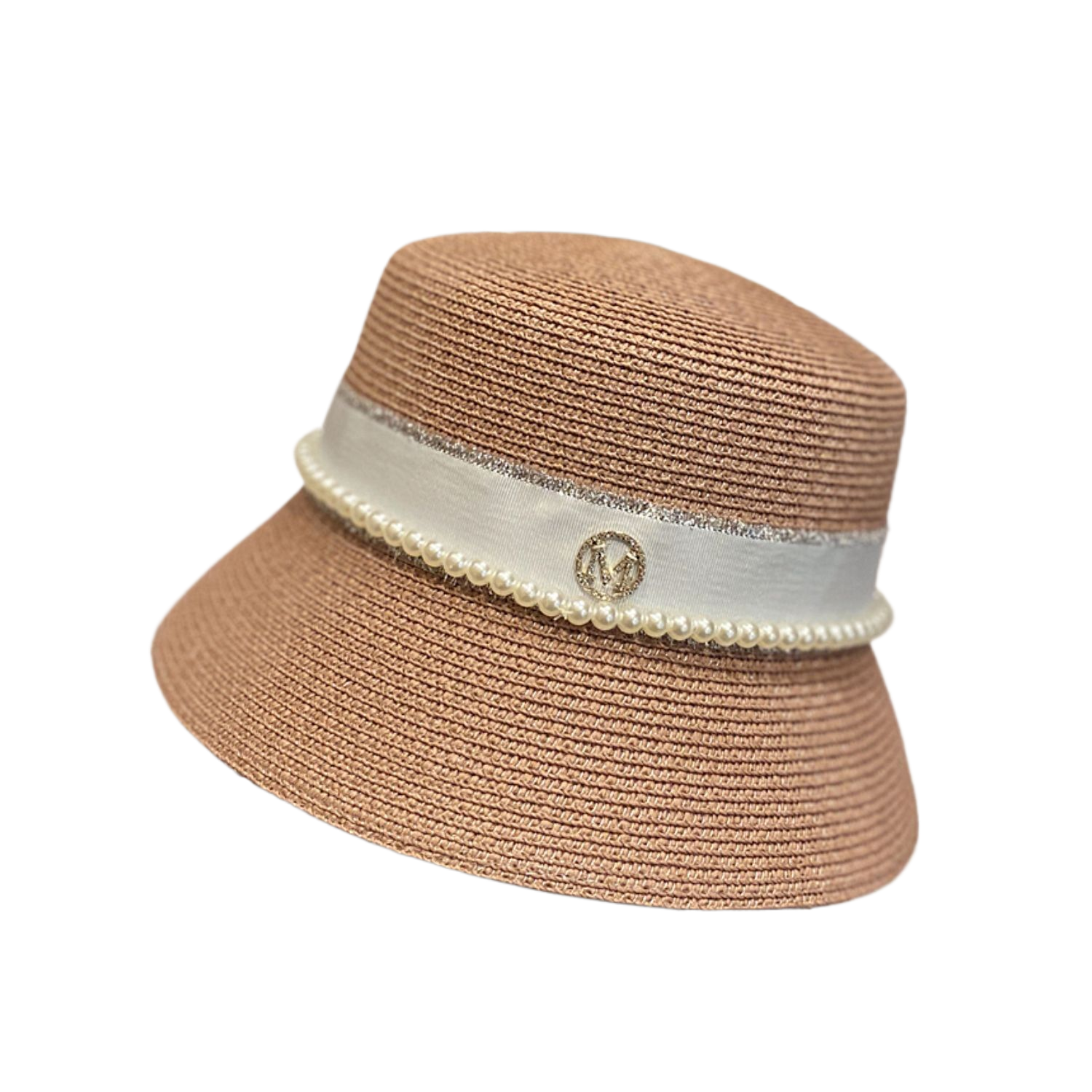 Women's pearl M letter bucket hat, fashionable and versatile Japanese style, flattering and slimming, perfect for spring and summer.