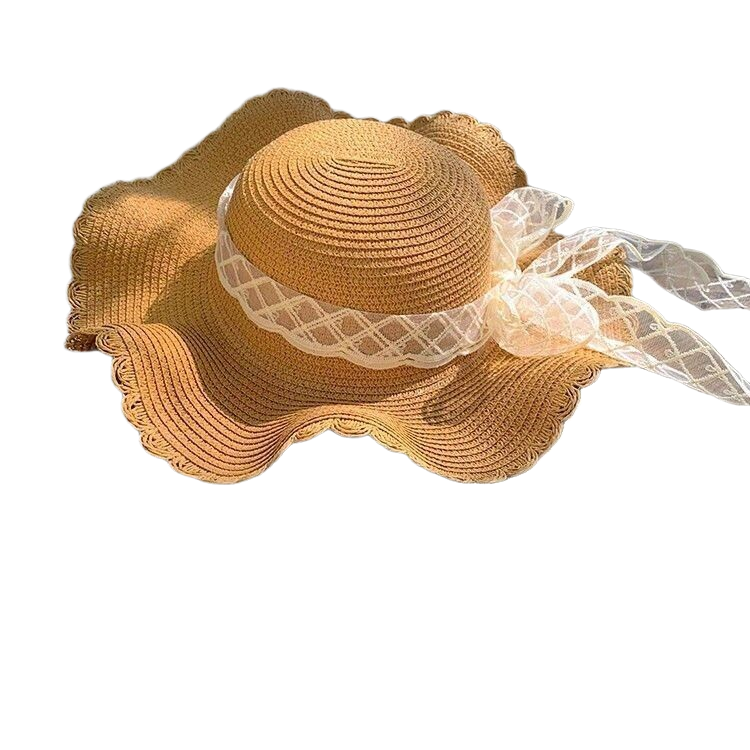 Lace bow straw hat for summer, women's wavy wide brim sun protection fisherman hat, beach vacation sun hat.