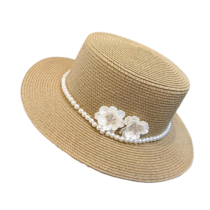 Flat-top straw hat for women, summer outdoor travel, photo shoot, vacation, beach hat, floral small hat, sun protection hat.