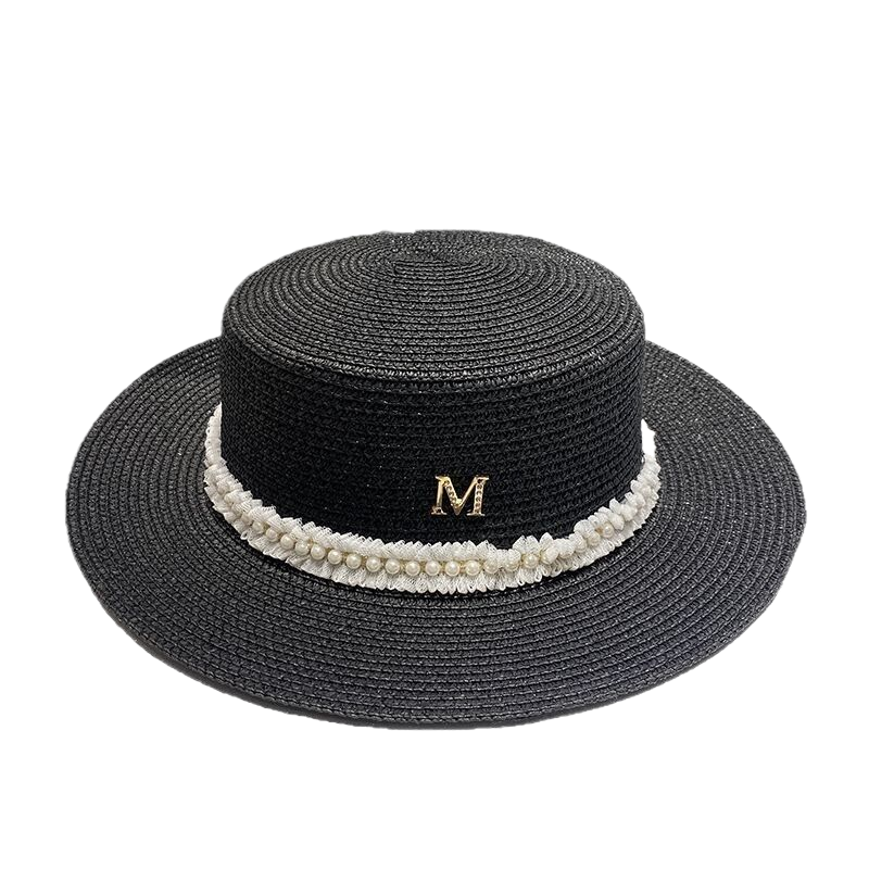 Women's hat for spring and summer, sun protection, beach outing, lace, French Hepburn style, straw, flat top, woven pearl straw hat