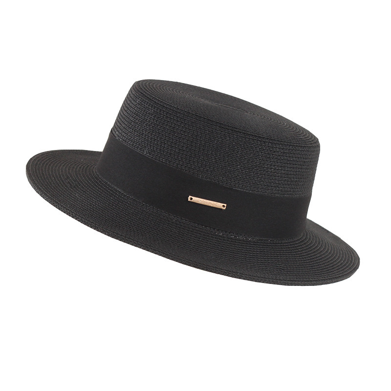 Summer straw hat for women, elegant flat-top hat, vacation sun hat, French style, simple and versatile casual hat for women.