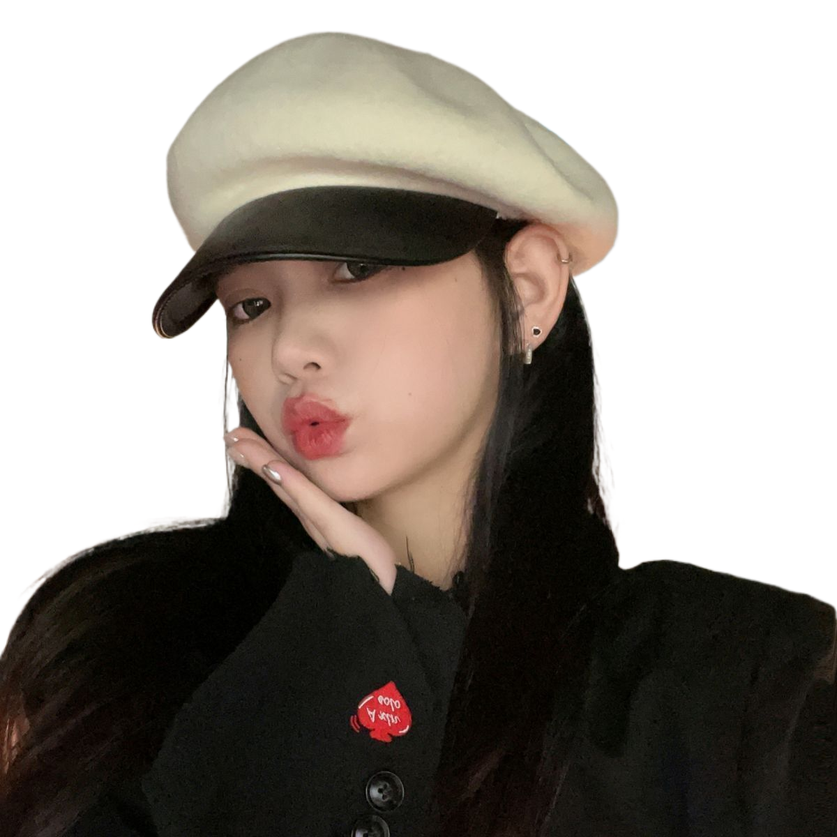 Autumn/Winter style color-blocked octagonal hat for women, vintage elegant versatile beret, Japanese style with leather brim and wool material, British style hat.