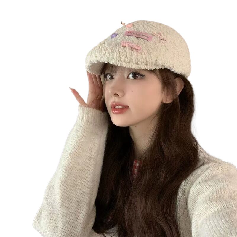 New women's bowknot forward cap, autumn and winter style, elegant and cute plush retro beret/baseball cap.