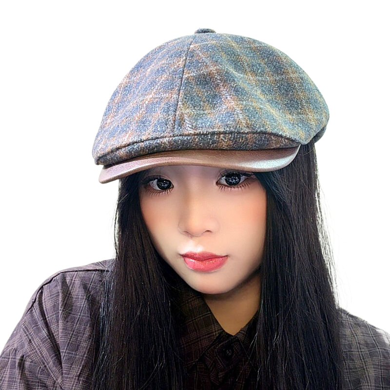 Hong Kong style new autumn/winter wool blend plaid retro newsboy cap for women, fashionable, elegant, versatile, and flattering beret.