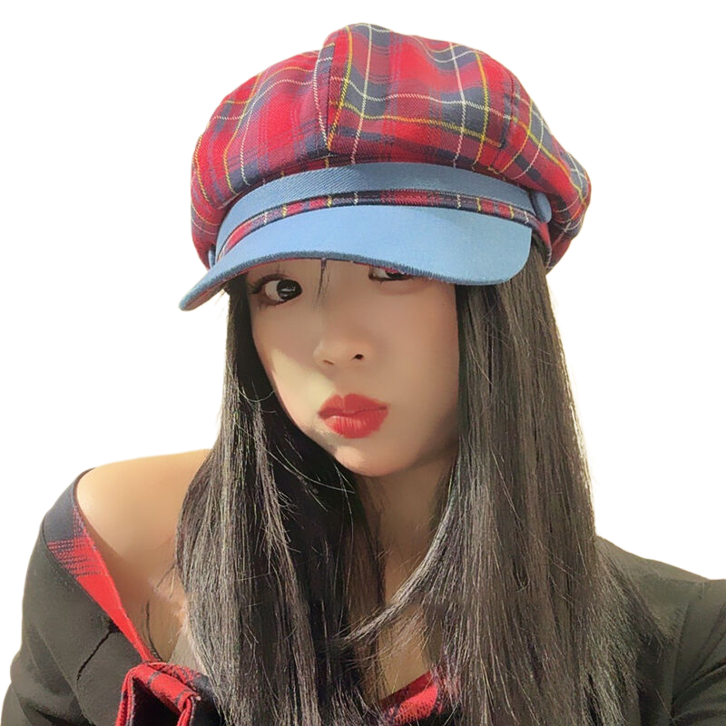 Red checkered beret, early autumn new style, octagonal hat, women's baseball cap, makes face look smaller, painter's hat, retro and trendy.