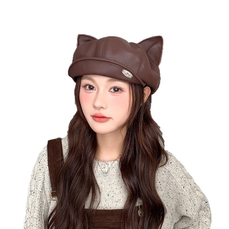 Cute PU leather beret hat for women, featuring cat ears, perfect for spring and autumn, makes the face look smaller, black octagonal hat, vintage newsboy/painter style hat.