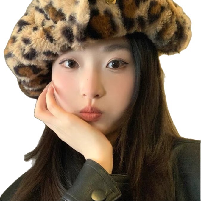 2025 New Women's Leopard Print Beret Hat, Autumn/Winter Korean Style, Versatile, Face-Slimming Painter Hat, Warm and Ear-Protecting Beret