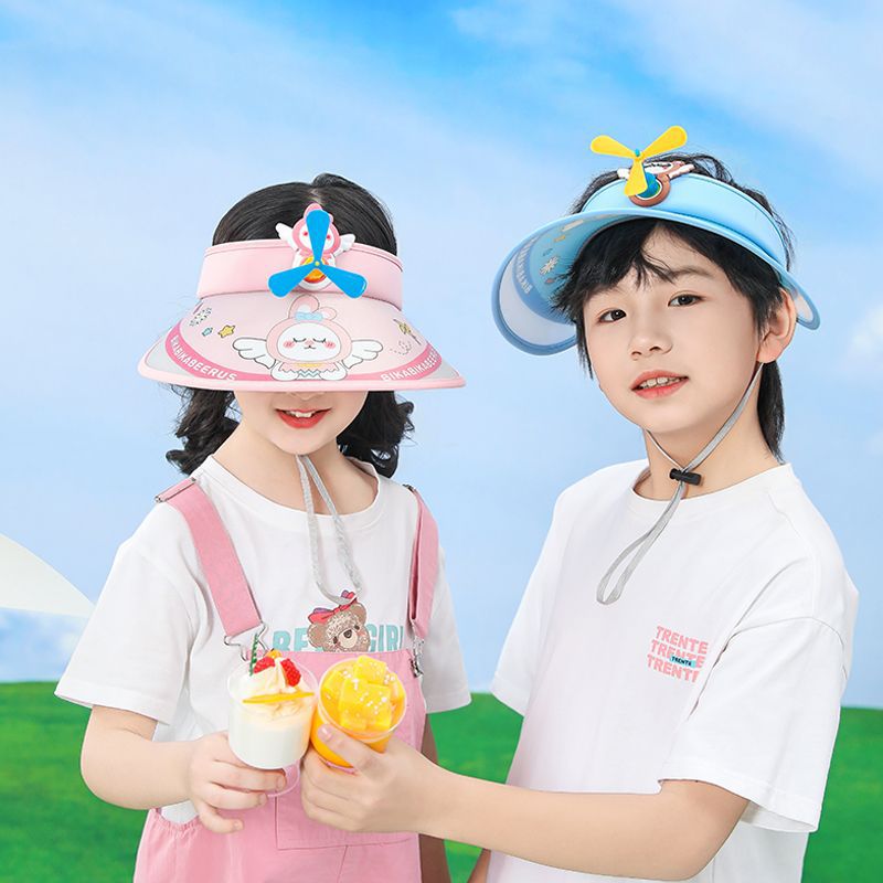 Children's cartoon style fan visor hat, summer outdoor sun protection hat for boys and girls, wide-brimmed windmill sun hat