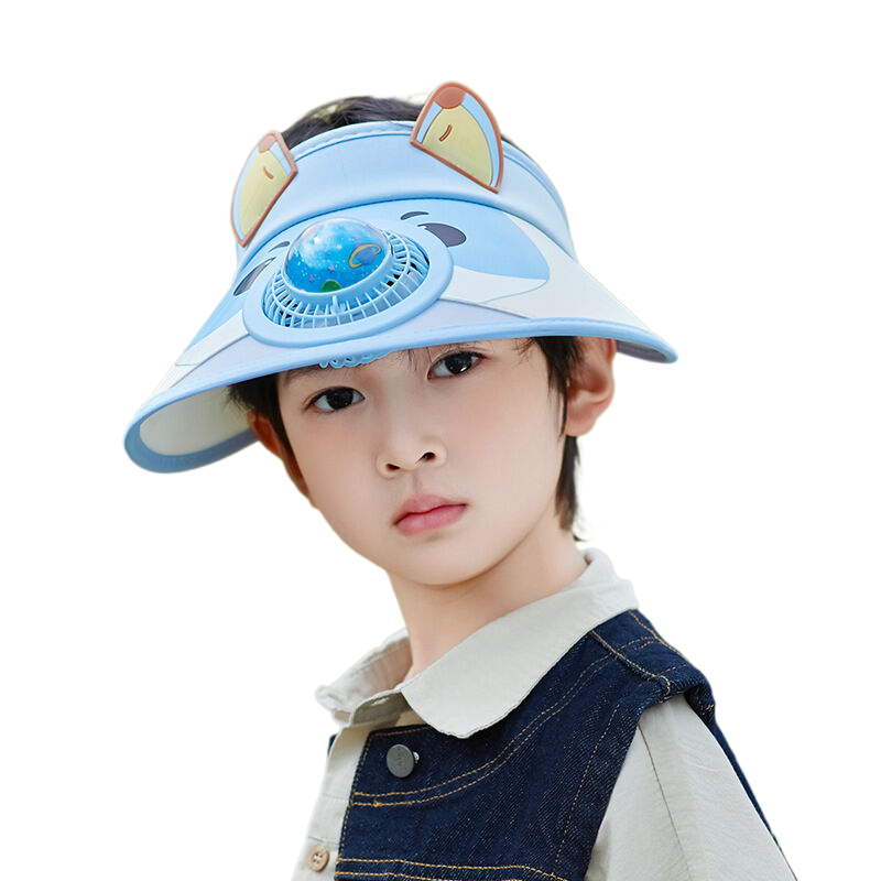 Children's summer travel hat with wide brim and fan, sun protection hat for boys and girls, cute cartoon open-top hat.