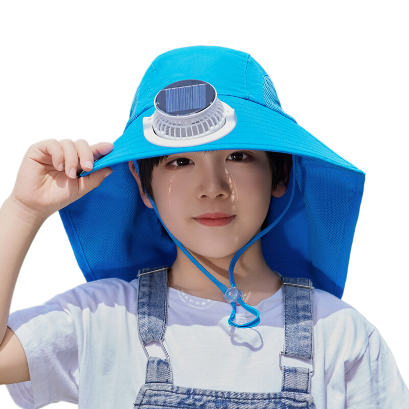 Solar-powered fan hat, summer sun protection hat for boys and girls, outdoor travel hat with wide brim and neck protection, fisherman hat style.