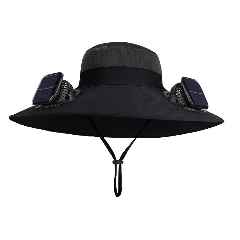 Sun protection and sunshade hat with dual solar-powered fans, USB charging, high airflow, summer outdoor air-conditioned fisherman's hat for men.