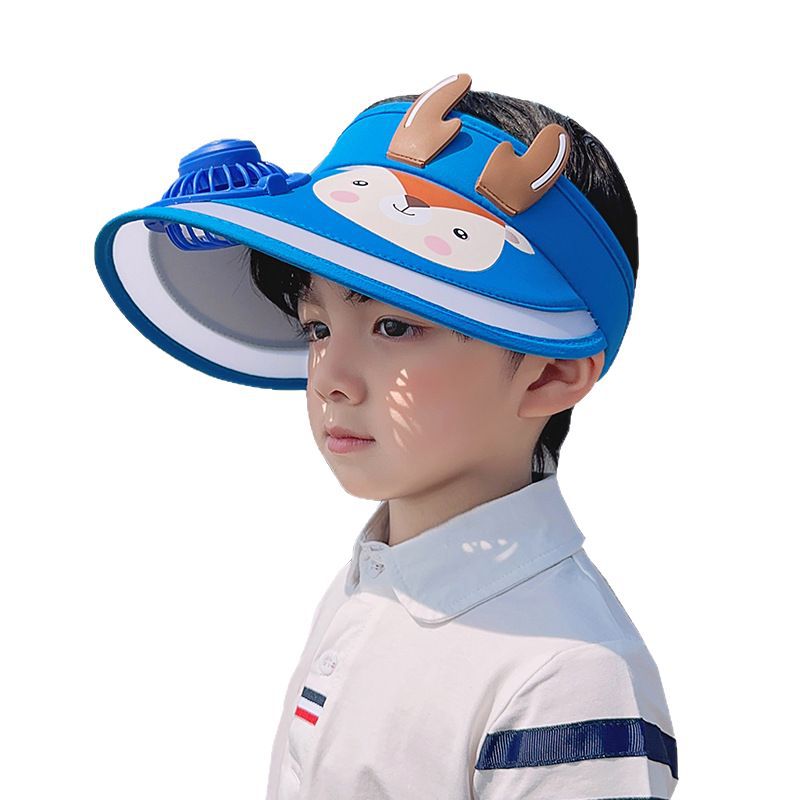 Summer children's sun hat for boys and girls, open-top, breathable, with built-in electric fan, wide brim, cartoon design, rechargeable, for outdoor use.