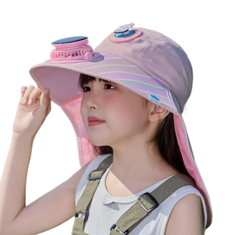 Cartoon children's sun hat with fan, summer sun protection hat for girls and boys, wide-brimmed sun hat, solar-powered fisherman hat.
