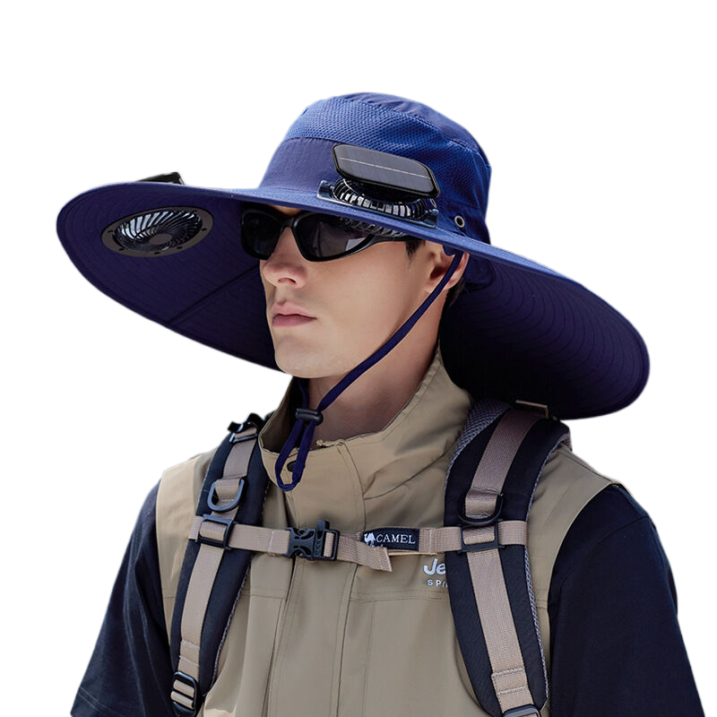 Summer dual solar-powered fan hat, rechargeable, long-lasting battery life, sun protection, wide brim, strong airflow, fisherman's hat.